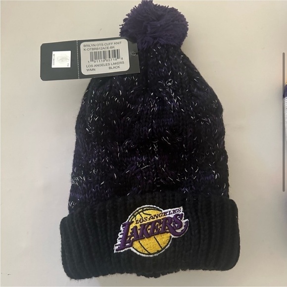 LA Lakers Bundle of 2 Mitchell & Ness + OTS NBA Logo Knit Cuffed Beanie Hats - Picture 6 of 11